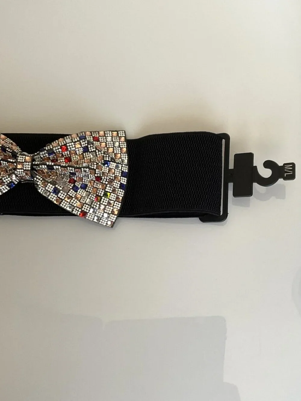 NWT Y2K Glam Multicolor Rhinestone Bow Elastic Waist Belt Black M/L Party